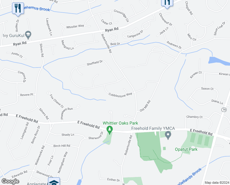 map of restaurants, bars, coffee shops, grocery stores, and more near 32 Cobblestone Way in Freehold