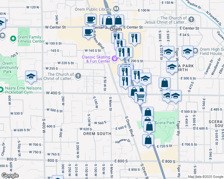 map of restaurants, bars, coffee shops, grocery stores, and more near 35 400 South in Orem