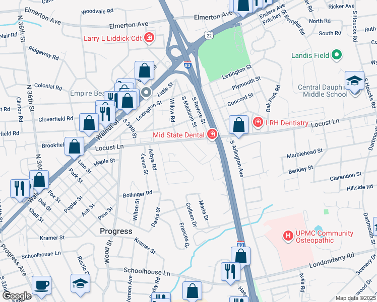 map of restaurants, bars, coffee shops, grocery stores, and more near 4030 Nancy Drive in Harrisburg