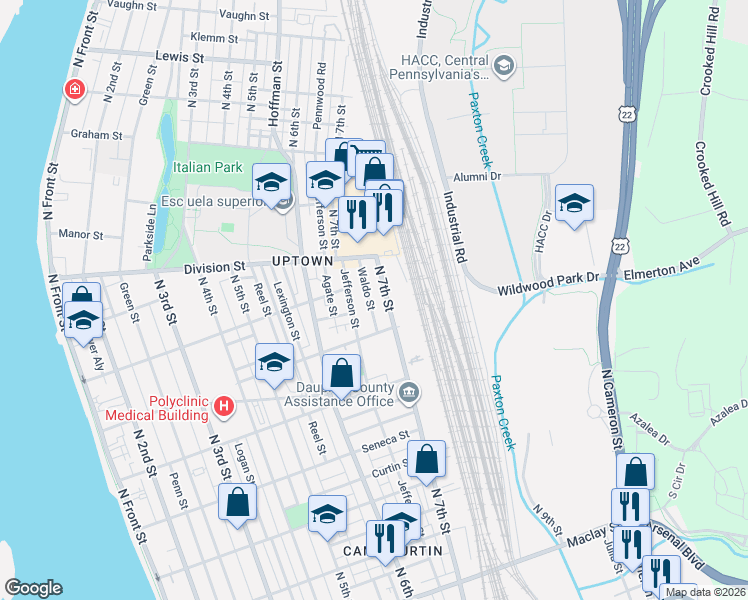 map of restaurants, bars, coffee shops, grocery stores, and more near 2620 North 7th Street in Harrisburg