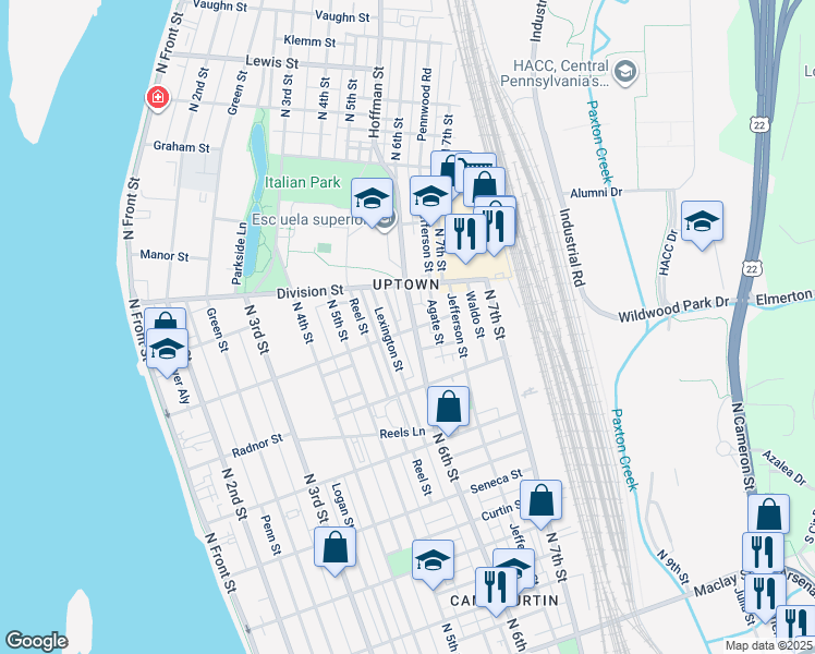 map of restaurants, bars, coffee shops, grocery stores, and more near 2661 North 6th Street in Harrisburg