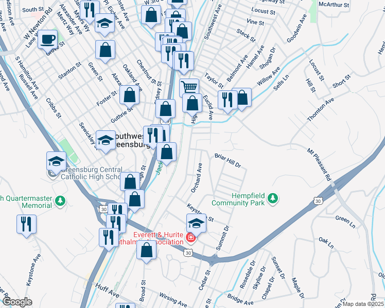 map of restaurants, bars, coffee shops, grocery stores, and more near 923 Highland Avenue in Greensburg