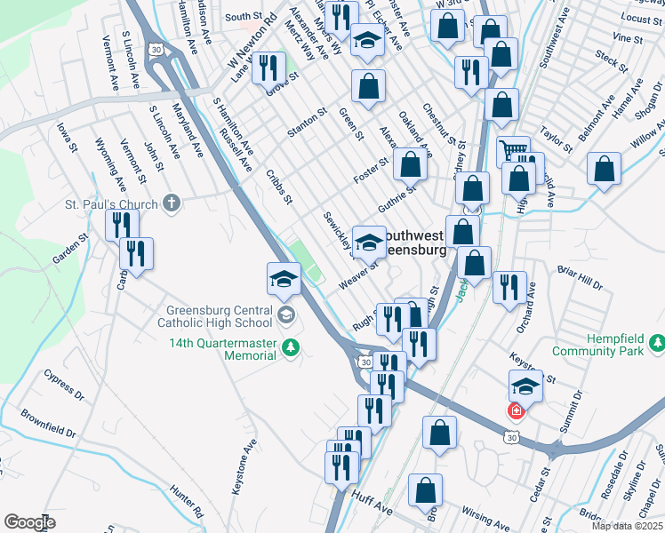 map of restaurants, bars, coffee shops, grocery stores, and more near 726 Cribbs Street in Greensburg