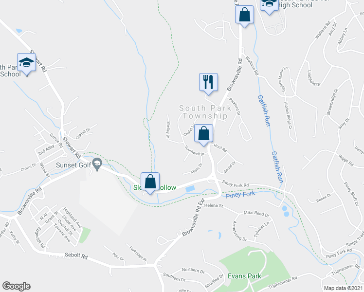 map of restaurants, bars, coffee shops, grocery stores, and more near 2043 Southwell Drive in South Park Township