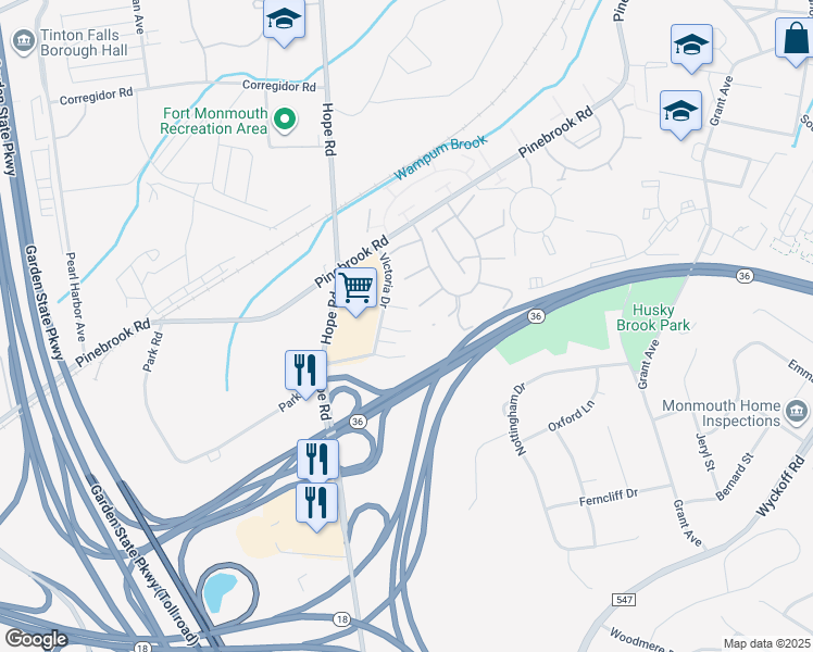 map of restaurants, bars, coffee shops, grocery stores, and more near 46 Victoria Drive in Eatontown