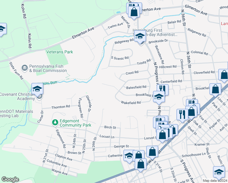 map of restaurants, bars, coffee shops, grocery stores, and more near 3206 Wakefield Road in Harrisburg
