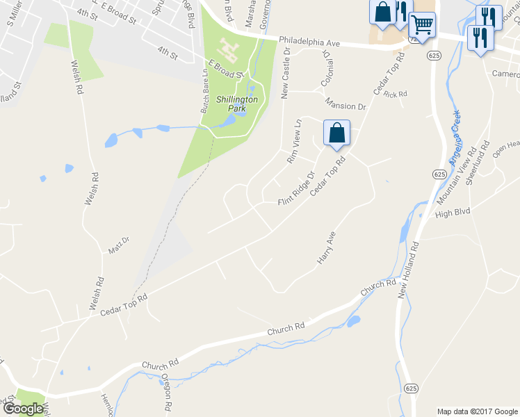 map of restaurants, bars, coffee shops, grocery stores, and more near 51 Flint Ridge Drive in Reading
