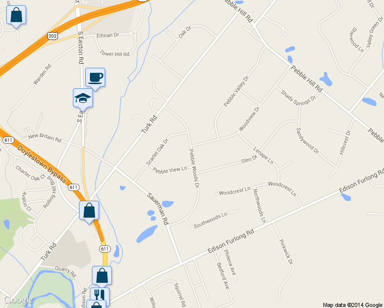 map of restaurants, bars, coffee shops, grocery stores, and more near 75 Pebble Woods Drive in Doylestown