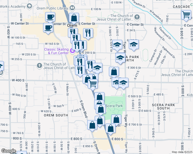 map of restaurants, bars, coffee shops, grocery stores, and more near 205 East 400 South in Orem