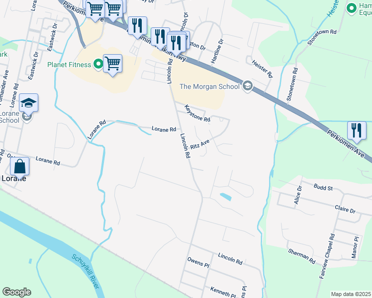map of restaurants, bars, coffee shops, grocery stores, and more near Lincoln Road in Berks County