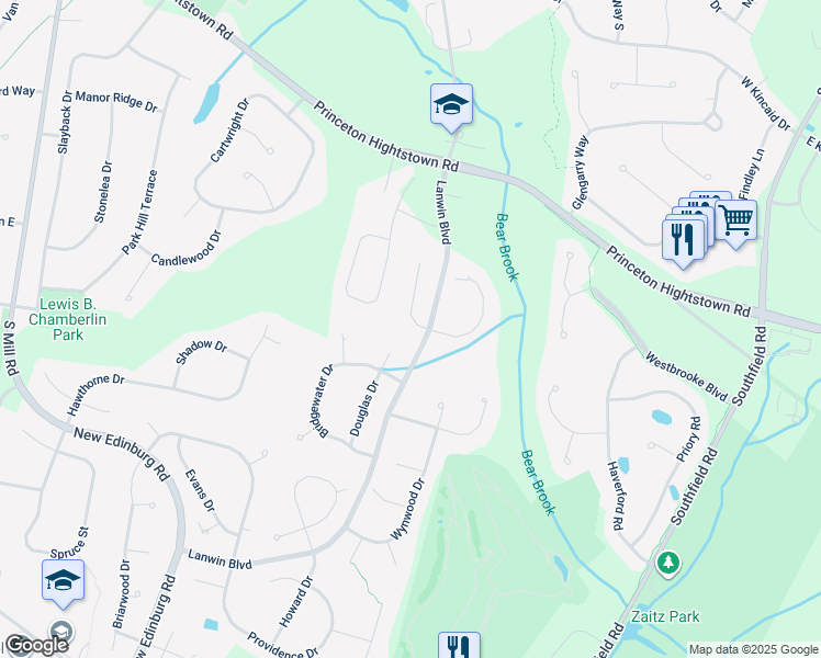 map of restaurants, bars, coffee shops, grocery stores, and more near 1 Partridge Run in West Windsor Township