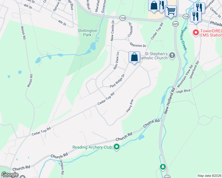 map of restaurants, bars, coffee shops, grocery stores, and more near 39 Flint Ridge Drive in Reading