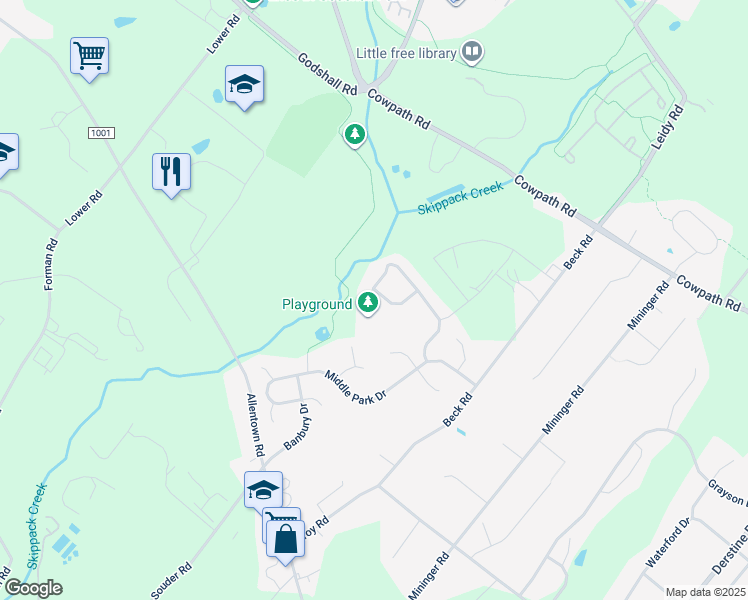 map of restaurants, bars, coffee shops, grocery stores, and more near 602 New Market Drive in Souderton