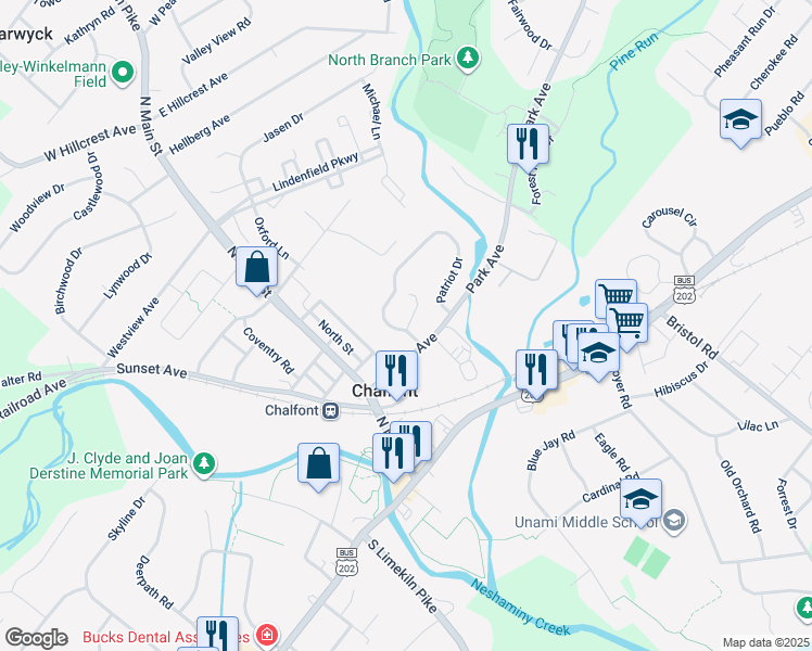 map of restaurants, bars, coffee shops, grocery stores, and more near 6 Patriot Drive in Chalfont