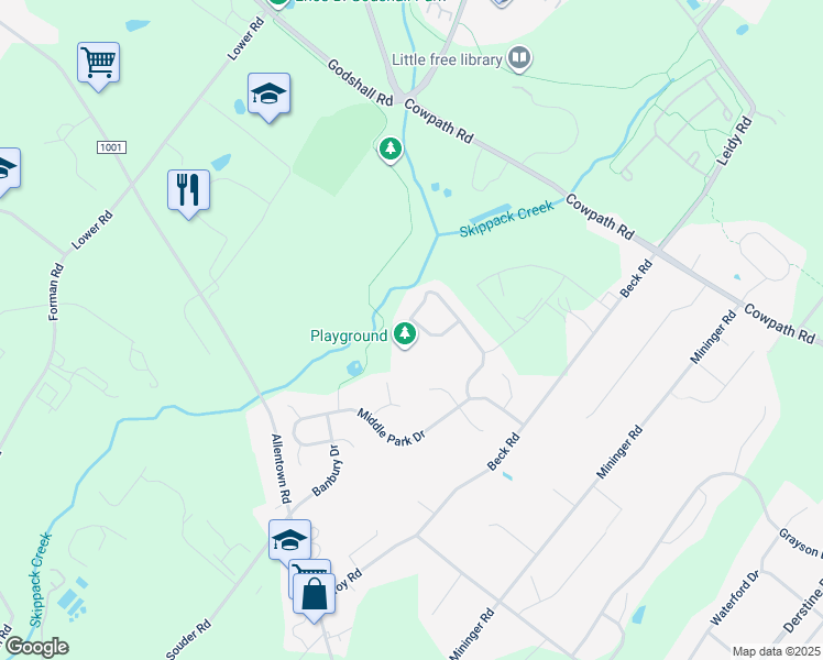 map of restaurants, bars, coffee shops, grocery stores, and more near 602 New Market Drive in Souderton