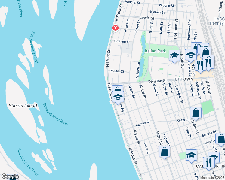 map of restaurants, bars, coffee shops, grocery stores, and more near 2837 North Front Street in Harrisburg