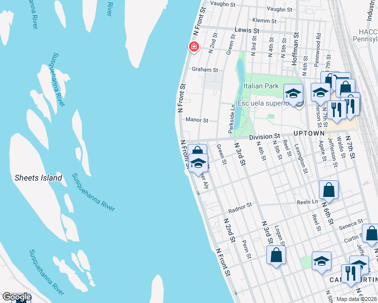 map of restaurants, bars, coffee shops, grocery stores, and more near 2833 North Front Street in Harrisburg
