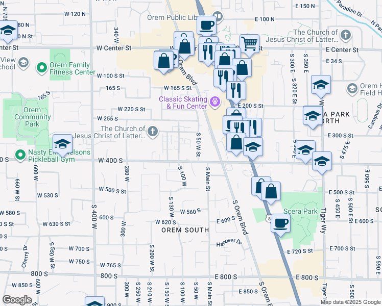 map of restaurants, bars, coffee shops, grocery stores, and more near 94 East 400 South in Orem
