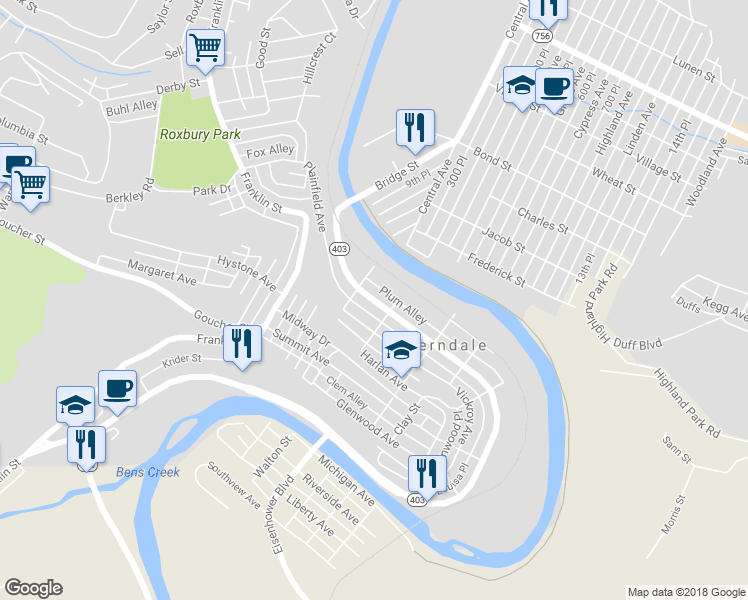 map of restaurants, bars, coffee shops, grocery stores, and more near 448 Ferndale Avenue in Johnstown