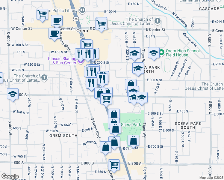 map of restaurants, bars, coffee shops, grocery stores, and more near 205 East 400 South in Orem