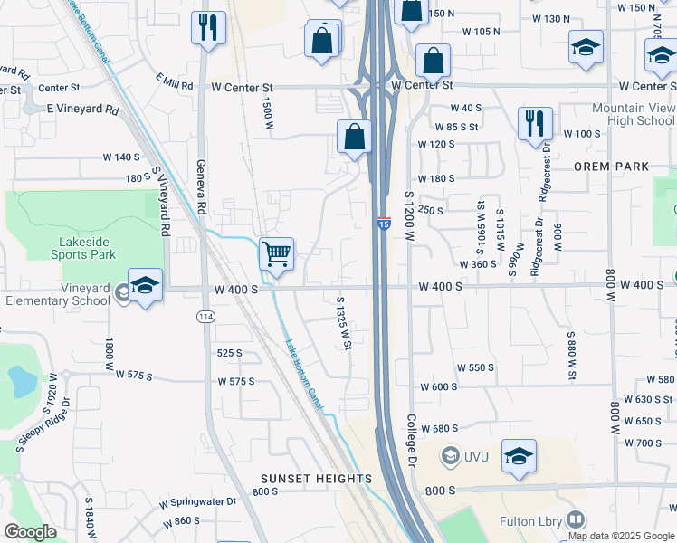 map of restaurants, bars, coffee shops, grocery stores, and more near 418 South 1325 West Street in Orem