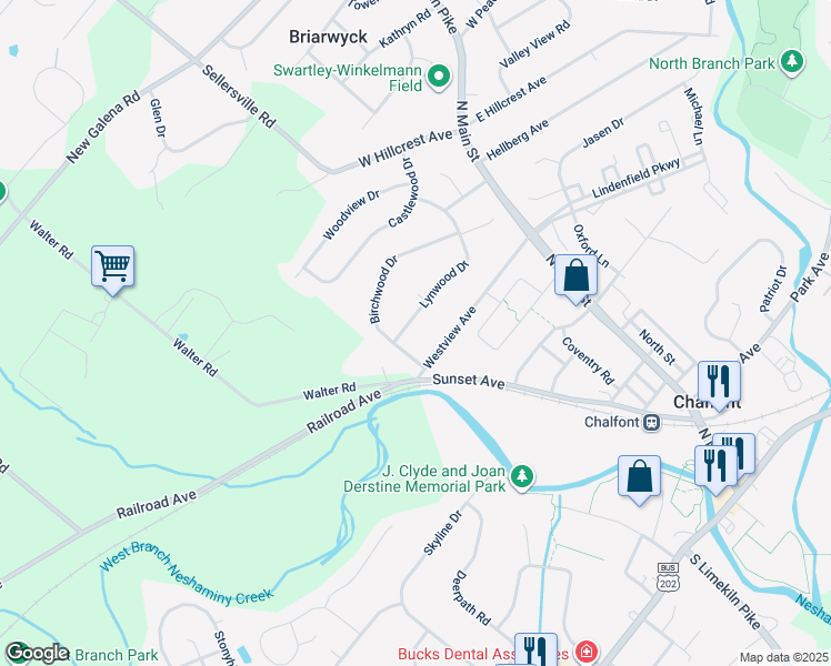 map of restaurants, bars, coffee shops, grocery stores, and more near 79 Lynwood Drive in Chalfont