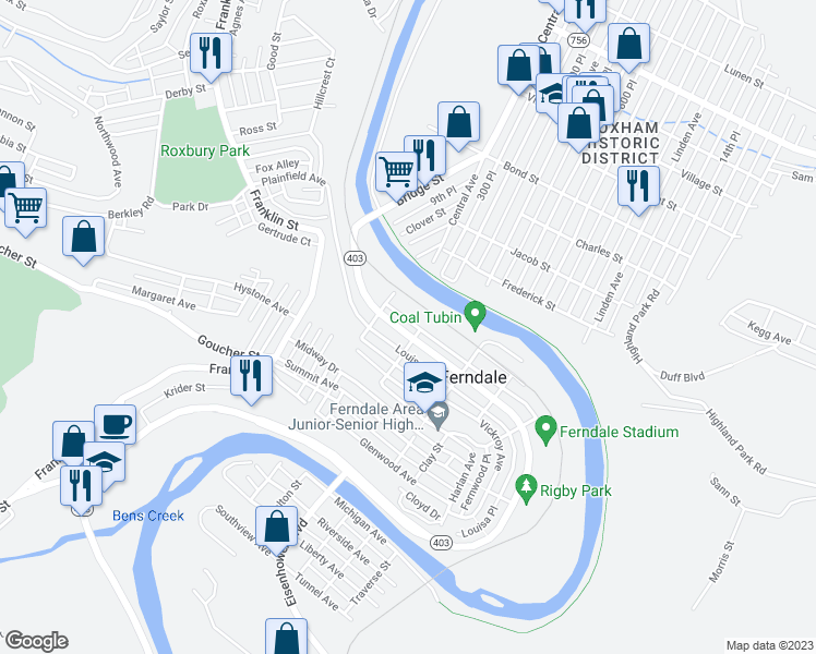 map of restaurants, bars, coffee shops, grocery stores, and more near 435 Ferndale Avenue in Johnstown