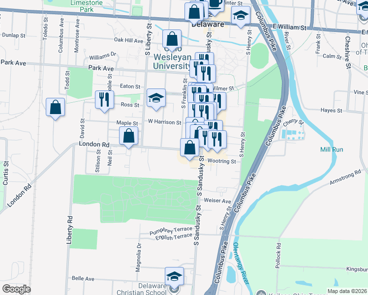 map of restaurants, bars, coffee shops, grocery stores, and more near 269 South Franklin Street in Delaware