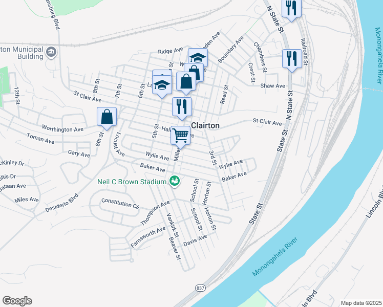 map of restaurants, bars, coffee shops, grocery stores, and more near 348 Mitchell Avenue in Clairton