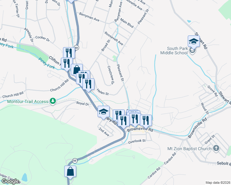 map of restaurants, bars, coffee shops, grocery stores, and more near 6368 Helen Street in South Park Township
