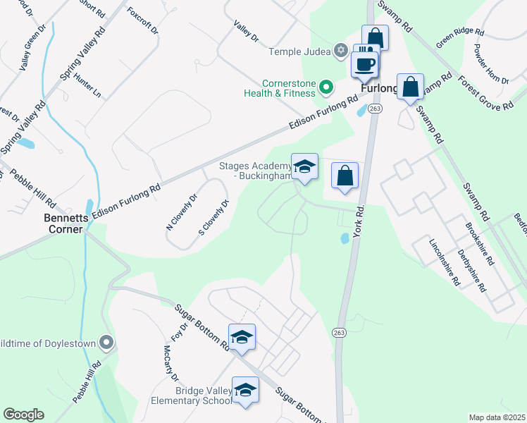 map of restaurants, bars, coffee shops, grocery stores, and more near 3205 Whisper Lane in Furlong