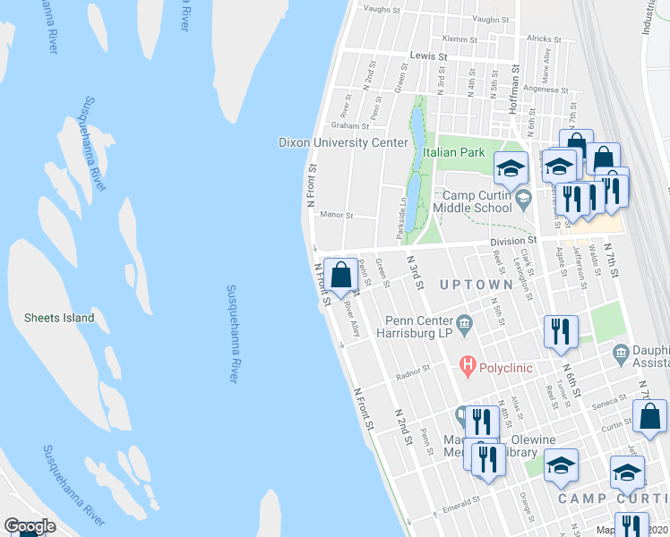map of restaurants, bars, coffee shops, grocery stores, and more near 2833 North Front Street in Harrisburg