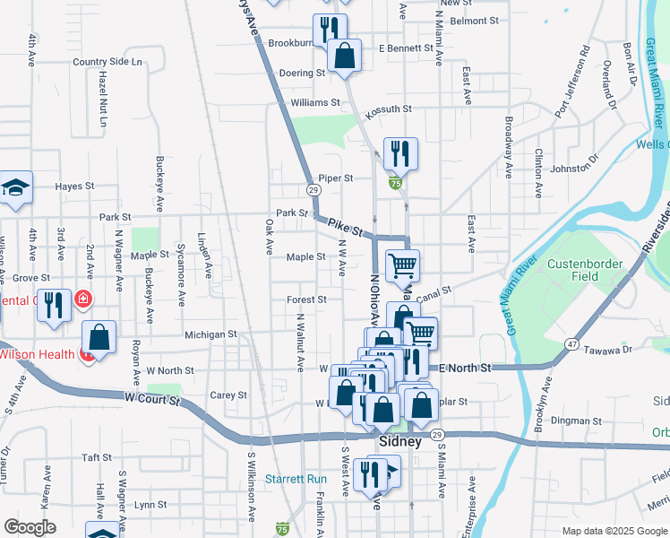 map of restaurants, bars, coffee shops, grocery stores, and more near 421 N West Ave in Sidney