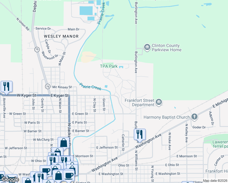 map of restaurants, bars, coffee shops, grocery stores, and more near 651 East Kyger Street in Frankfort
