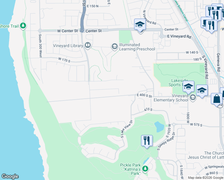 map of restaurants, bars, coffee shops, grocery stores, and more near 344 South Tahoe Street in Vineyard