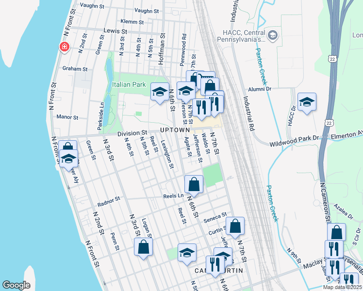 map of restaurants, bars, coffee shops, grocery stores, and more near 2705 North 6th Street in Harrisburg