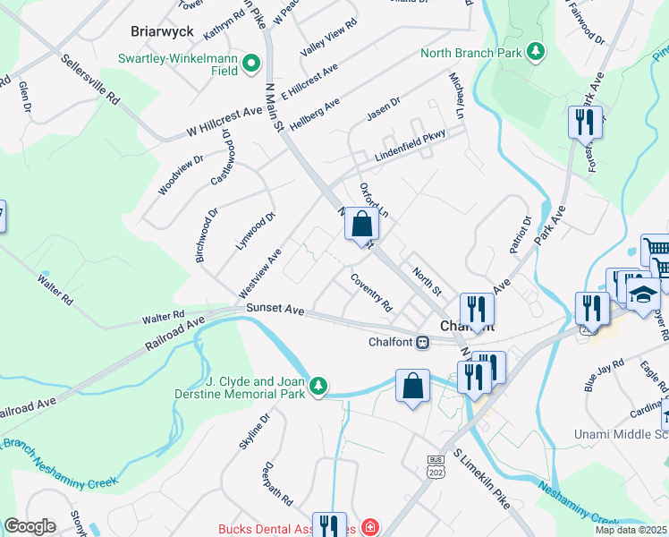 map of restaurants, bars, coffee shops, grocery stores, and more near 109 Hamilton Street in Chalfont