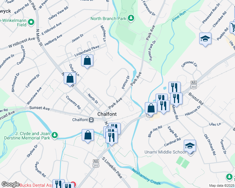 map of restaurants, bars, coffee shops, grocery stores, and more near 103 Independence Way in Chalfont