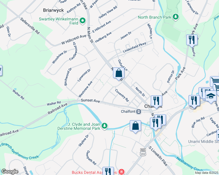 map of restaurants, bars, coffee shops, grocery stores, and more near 109 Hamilton Street in Chalfont