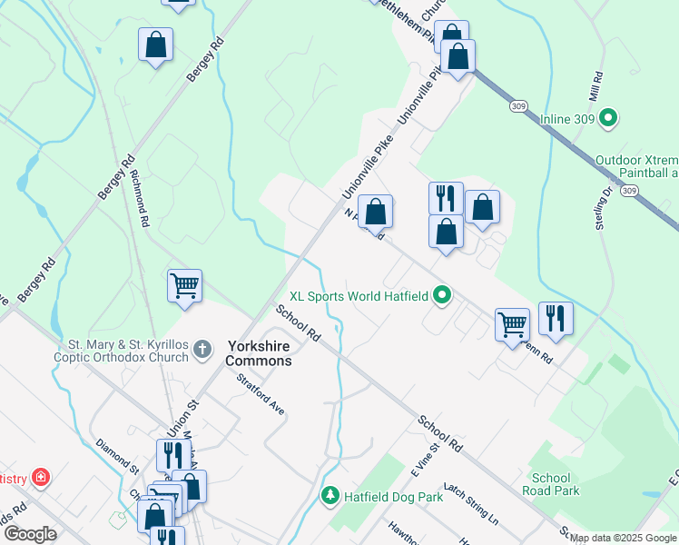 map of restaurants, bars, coffee shops, grocery stores, and more near 2384 Meadow Lane in Hatfield