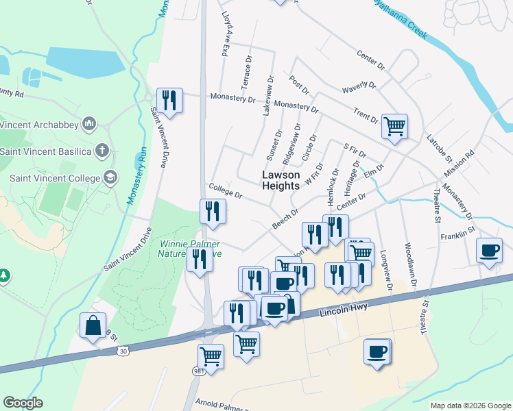 map of restaurants, bars, coffee shops, grocery stores, and more near 146 Pauline Drive in Latrobe