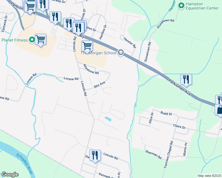 map of restaurants, bars, coffee shops, grocery stores, and more near 401 Allenbrook Lane in Reading