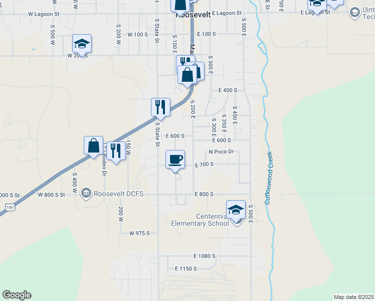 map of restaurants, bars, coffee shops, grocery stores, and more near 656 South 200 East in Roosevelt