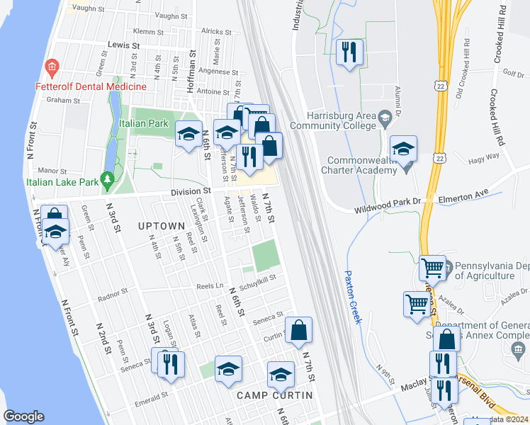 map of restaurants, bars, coffee shops, grocery stores, and more near 2640 North 7th Street in Harrisburg