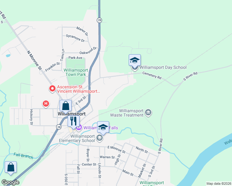 map of restaurants, bars, coffee shops, grocery stores, and more near 1-99 White Tail Circle in Williamsport