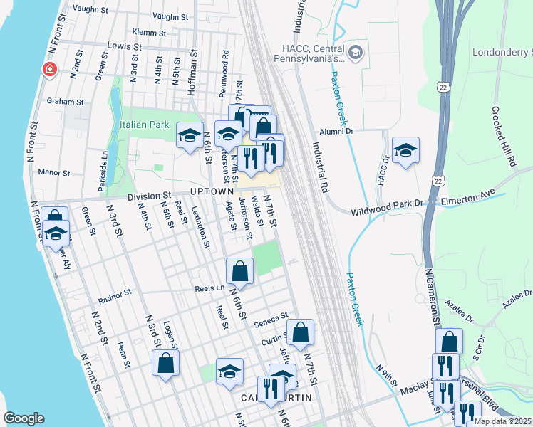 map of restaurants, bars, coffee shops, grocery stores, and more near 2640 North 7th Street in Harrisburg