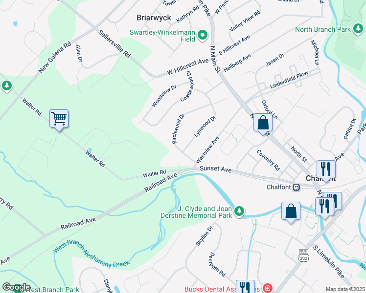 map of restaurants, bars, coffee shops, grocery stores, and more near 72 Lynwood Drive in Chalfont