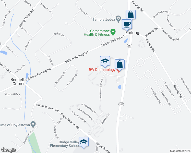 map of restaurants, bars, coffee shops, grocery stores, and more near Whisper Lane in Furlong