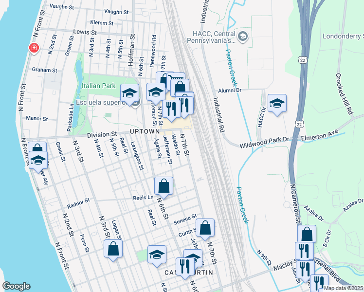 map of restaurants, bars, coffee shops, grocery stores, and more near 2642 North 7th Street in Harrisburg