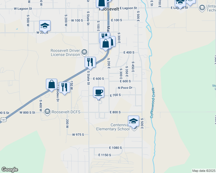 map of restaurants, bars, coffee shops, grocery stores, and more near 680 South 200 East in Roosevelt